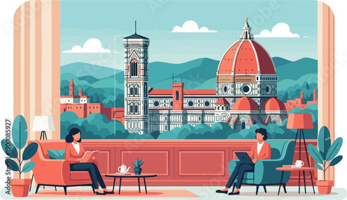 Interior view of people working and reading with cityscape backdrop