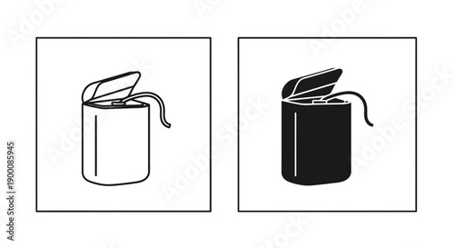 Dental floss container icon with lid open and string exposed, line art and solid black silhouette