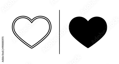 Heart icon, outlined and solid black shapes representing love, romance, or favorite items, vector