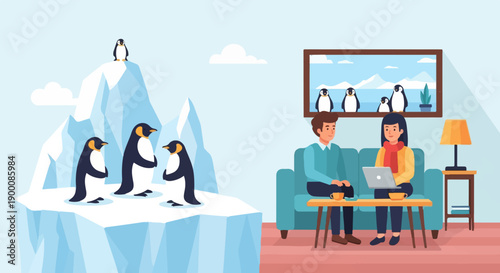 Penguins on icebergs and a couple using laptop on couch