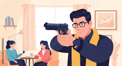 Man aims handgun at two women relaxing in a cozy living room