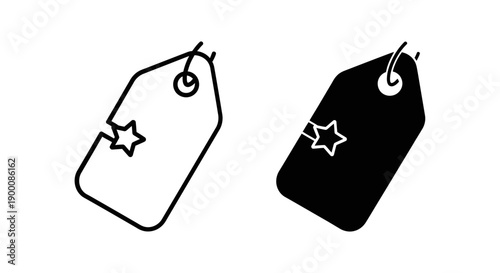 Price tag icon with a star cutout, available in outline and solid black, for retail, sale, or special offer concepts.