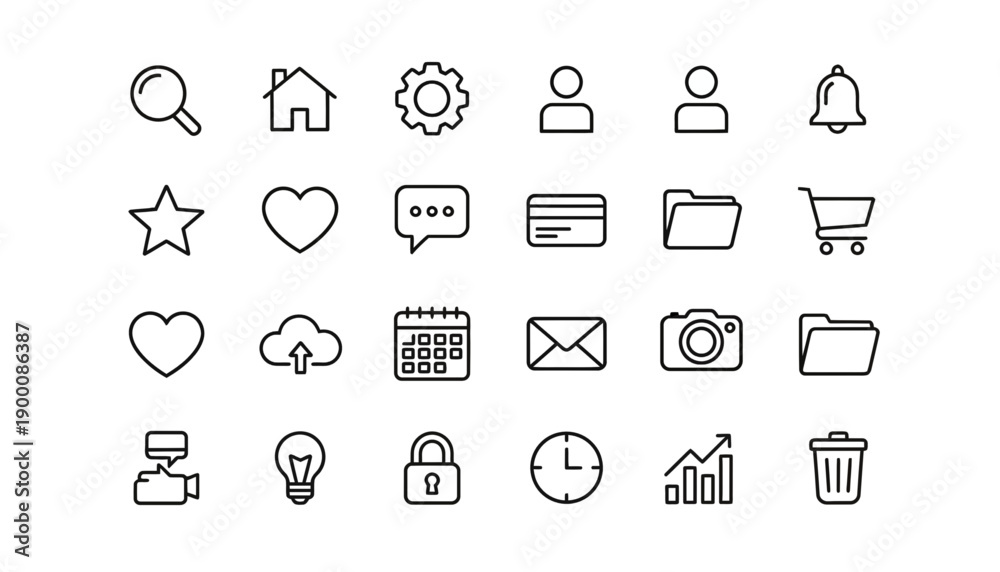 Fototapeta premium UI Icon Pack Set – Flat Solid and Outline Icons for App and Web Interface. Modern UI icon pack featuring a set of flat solid and outline icons designed for mobile apps, websites, dashboards, and SaaS.