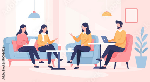 Four people sit in a modern cafe, some working on laptops, others conversing