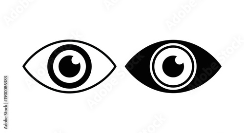 Eye icon symbol, open iris and pupil, presented in outline and solid black versions for vision or watch.