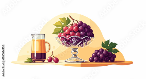 Grapes in a crystal bowl and a pitcher of juice sit on a table