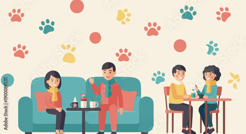 Four people relax in a room decorated with colorful paw prints and circles