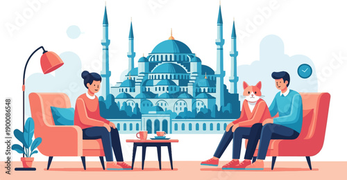 People and cat relax indoors with a famous mosque in the background