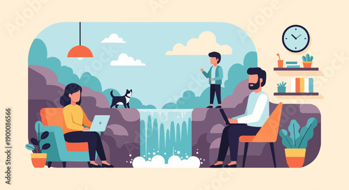 People and cat relax by a waterfall, working on laptops