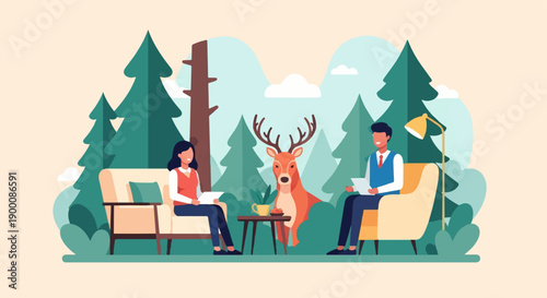 People and deer in forest setting with minimalist furniture