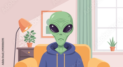 Green alien in a hoodie sitting in an armchair by a lamp