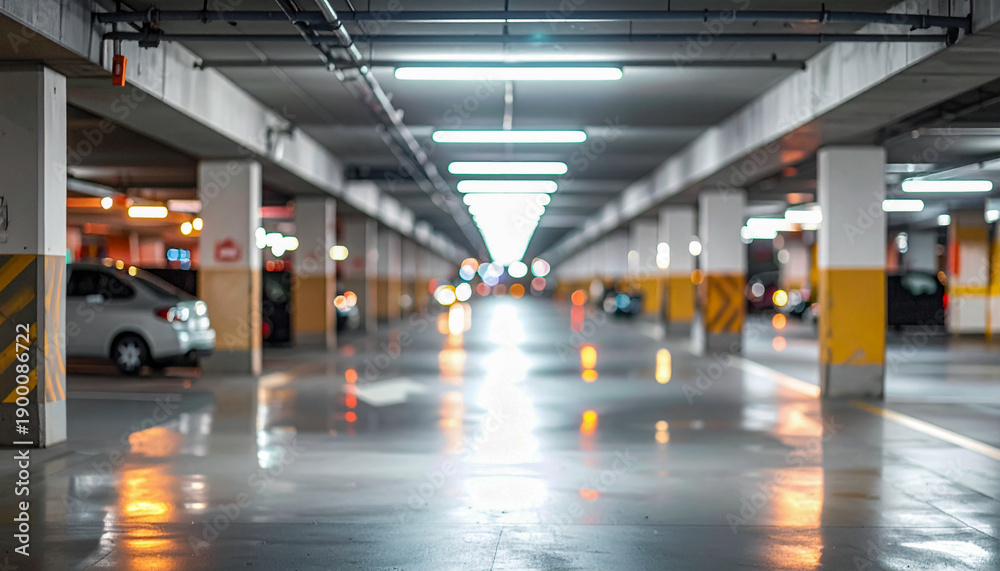 Fototapeta premium Indoor parking lot garage with concrete pillars. Bokeh light effect background. Transportation design element.