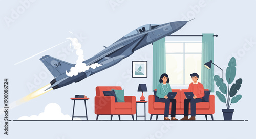 Jet flies above people working on laptops in living room with sofa and plant