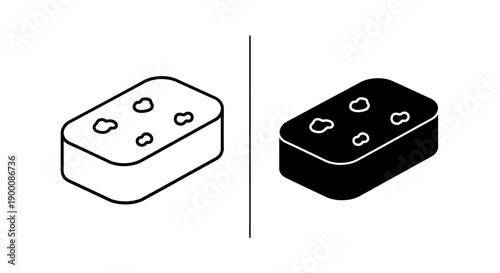 Isometric Outline and Solid Glyph Icons of a Cleaning Sponge or Bath Loofah, Hygiene and Washing Tool Black and White Vector