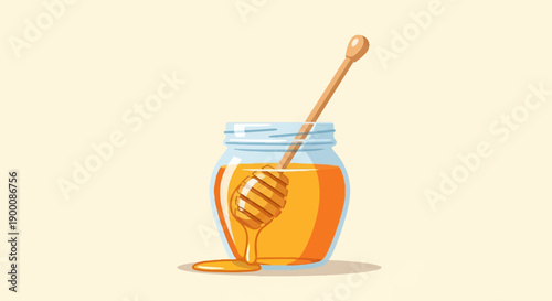 Jar of golden honey with a wooden dipper, dripping nectar onto a surface