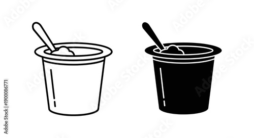 Outline and Solid Glyph Icons of a Yogurt Cup with Spoon, Healthy Breakfast or Snack Food Black and White Vector Illustration