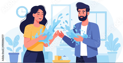 Joyful couple playfully splashing water, creating a refreshing, fun scene