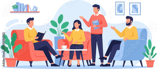 Four people in casual attire conversing in a modern living room