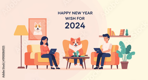Happy New Year 2024! Two people and a dog in a cozy room