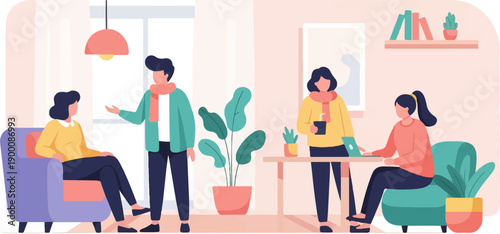 Four people in a modern, cozy room, conversing and working