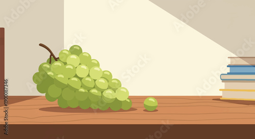 Light green grapes and stacked books on a wooden surface