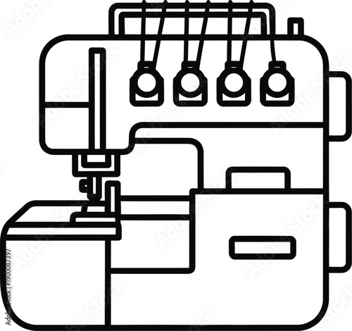A simple black and white line art icon of an overlock sewing machine (serger) used for garment construction.
