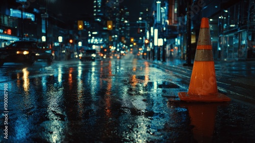 Orange traffic cone on wet city street at night with cinematic lighting and reflections