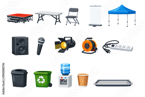 Public celebration setup equipment in flat style: stage platform, folding table, folding chair, banner stand, pop up tent, loudspeaker, microphone, stage light