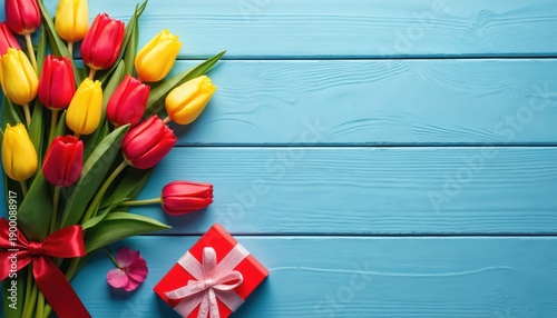 Bunch of red and yellow tulips arranged on a blue wooden table next to a gift box. Top view flat lay composition with copy space for text. Perfect for greeting cards.