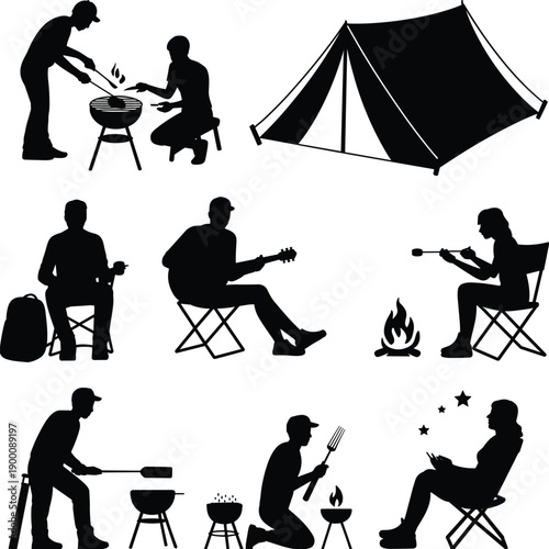 Camping activity silhouettes, cooking, guitar, marshmallow roasting, tent, stargazing, backpack, leisure pose, black vector, isolated, outdoor theme, graphic