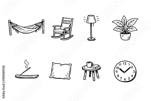 Slow living restful spaces doodle style: hammock, rocking chair, floor lamp, houseplant, incense holder, cushion, side table, wall clock