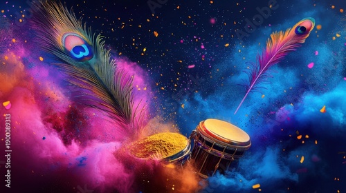 Colorful Holi powder in bowls with a vibrant splash, celebrating the Indian Holika Dahan festival, festive banner style with copy space.