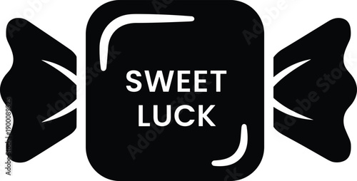 Black silhouette candy wrapper icon with bold white text “SWEET LUCK” in center, square shape with twisted ends