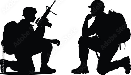 Soldier silhouette illustration, kneeling pose, rifle ready, thoughtful gesture, military gear, helmet, backpack, black vector, isolated, war theme, graphic