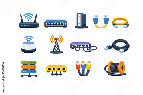 Networking and Connectivity Tools in flat style: router, switch, modem, ethernet cable, Wi-Fi device, signal tower, hub, cable