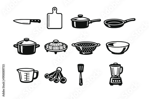 Plant Based Diet Cooking Tools in outline vector style: chef knife, cutting board, saucepan, frying pan, stockpot, steamer basket, colander, mixing bowl