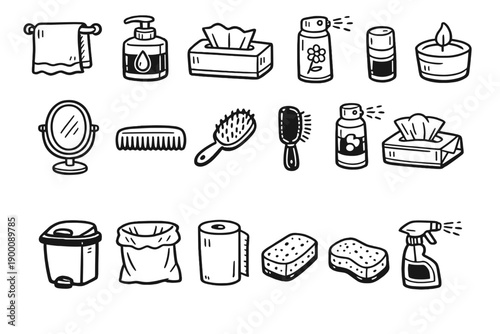 Quick refresh supplies in doodle style: hand towel, soap dispenser, tissue box, air freshener, candle, mirror, comb, hairbrush, deodorant spray, wet wipe, trash