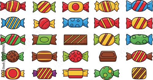 Colorful cartoon vector illustration of assorted candies in grid layout, featuring diverse shapes, colors, and patterns for sweet packaging, branding, and children’s design concepts.