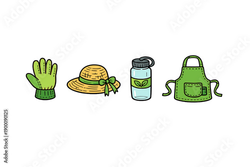 Community garden volunteer supplies in doodle style: garden glove, sun hat, reusable bottle, apron