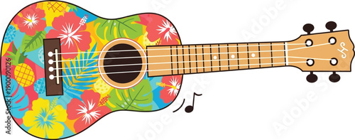 Vibrant ukulele with floral pattern and musical note