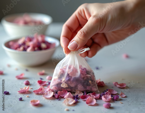 Woman fills sachet with dried flower petals. Scented bags release natural aroma for home. Floral potpourri creates calm atmosphere. DIY sachets for nice smell. Refreshing room fragrance.