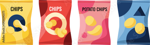 Colorful vector illustration of four chip packages in yellow, red, pink, and blue designs with bold text, abstract shapes, and crispy potato chip graphics.