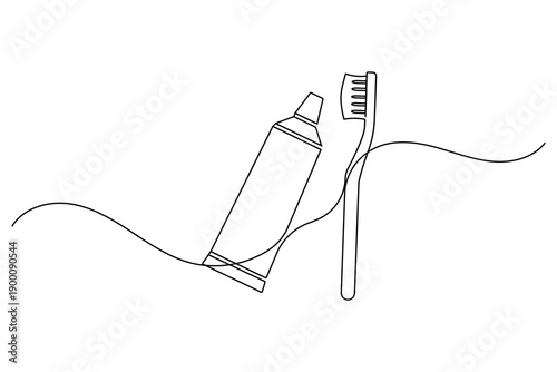 Vertical toothbrush and toothpaste continuous one line drawing for clinic branding minimalist vector illustration