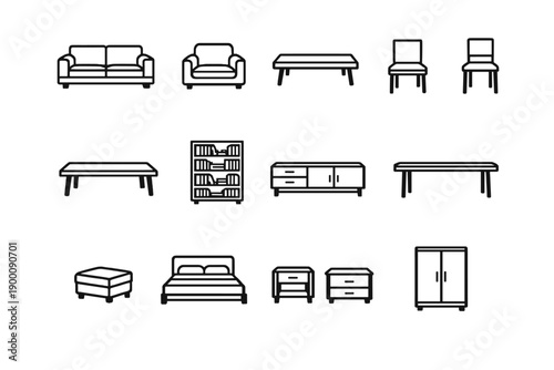 Interior Architecture Furniture Elements in outline vector style: sofa, armchair, coffee table, dining chair, dining table, bookshelf, sideboard, console table