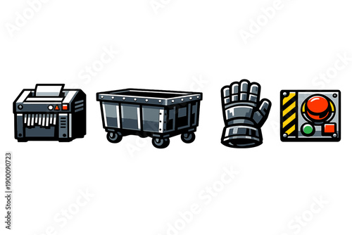 High-security shredding equipment in bold vector style: heavy-duty shredder, metal bin, safety glove, control switch