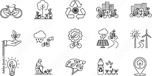 Eco-friendly Lifestyle Icons: Cycling, Recycling, Green Energy, Gardening, and Sustainability