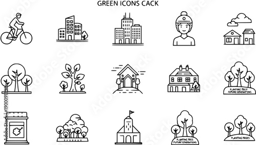 Green Icons Outline Vector Set for Ecology, Environment, Sustainable Living, City, Nature, and Eco-friendly Design Elements