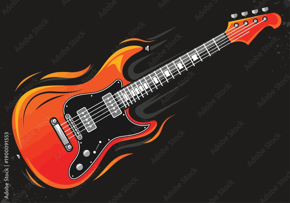 Obraz premium Electric guitar engulfed in vibrant flames on black background