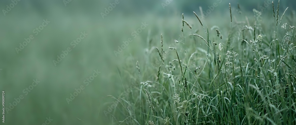 Naklejka premium Fresh green grass field with morning dew drops in soft natural light creating peaceful meadow atmosphere for nature backgrounds and wellness concepts.