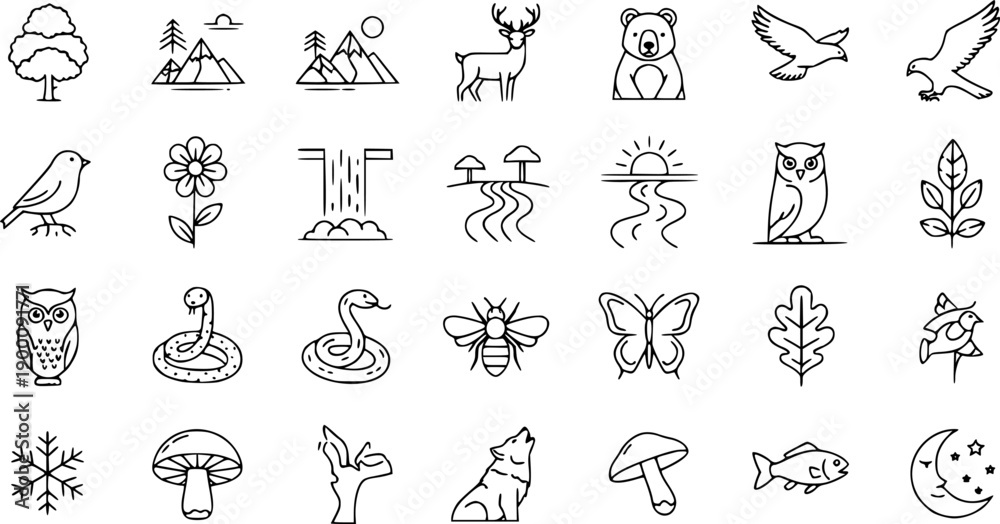 Obraz premium Outline Vector Icons of Nature Wildlife: Animals, Birds, Insects, Forest Elements, Trees, Plants, Mountains, Rivers, Waterfall, Sun, Moon, Seasons